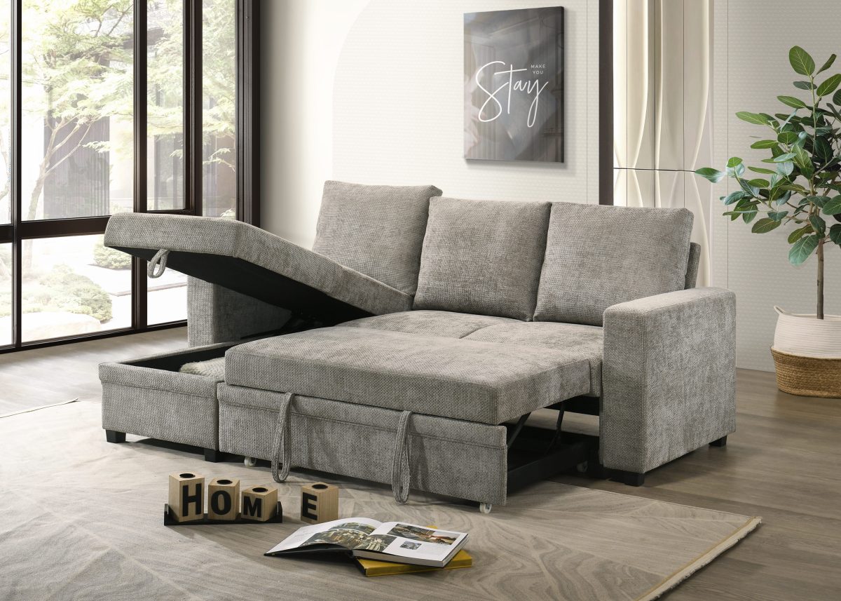 Modern Pull-Out Sofa Bed Sectional with Storage – Reversible Chaise-T1248