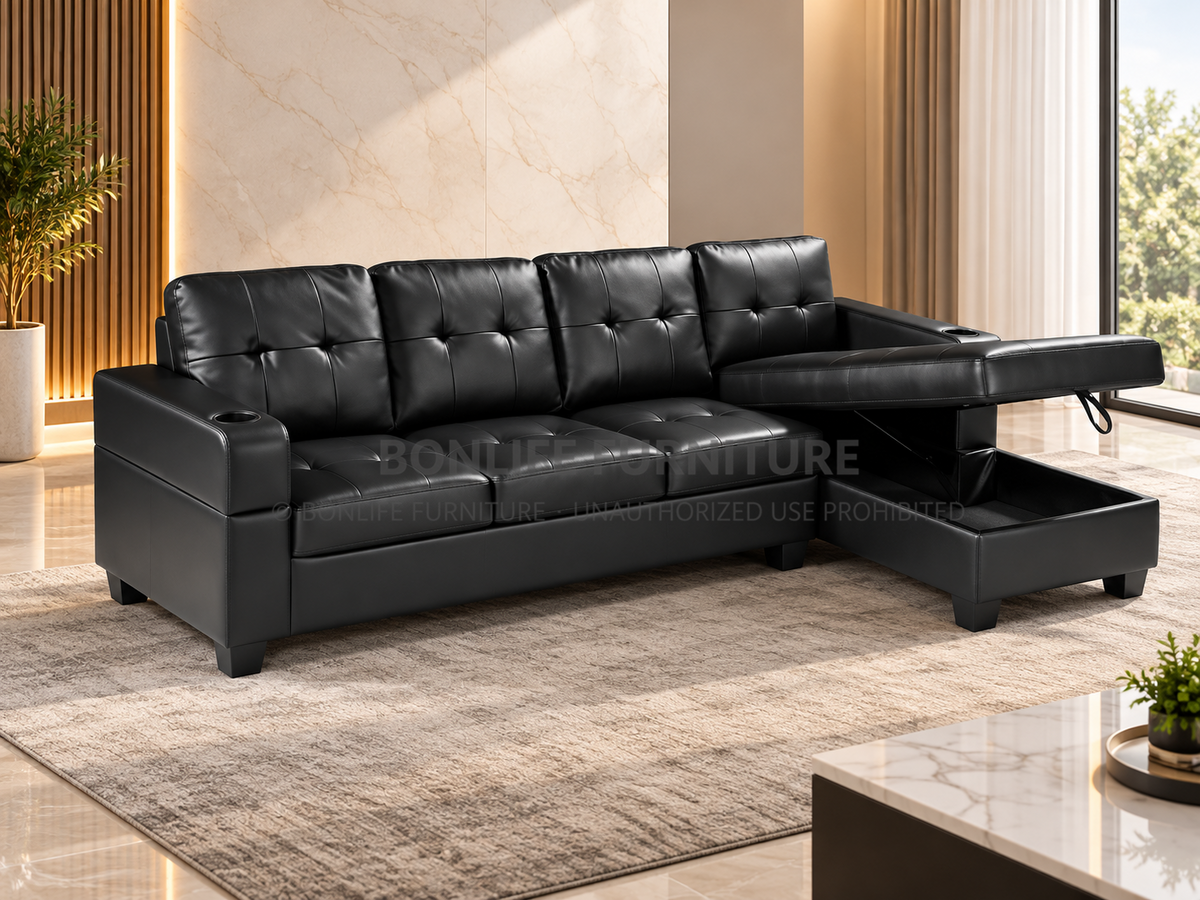97" Black PU Leather Sectional Sofa with Storage Chaise & Cup Holders-D2218