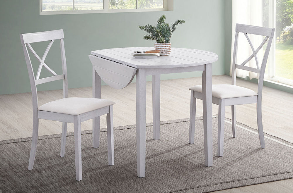 Beachwood Grey Drop Leaf Dining Set – 3 Piece Solid Wood Table & Chairs-T3114