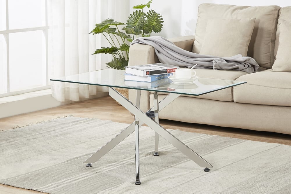 Modern Glass Coffee Table with Chrome Cross-Leg Base – 35.5" Contemporary Coffee Table-T5005