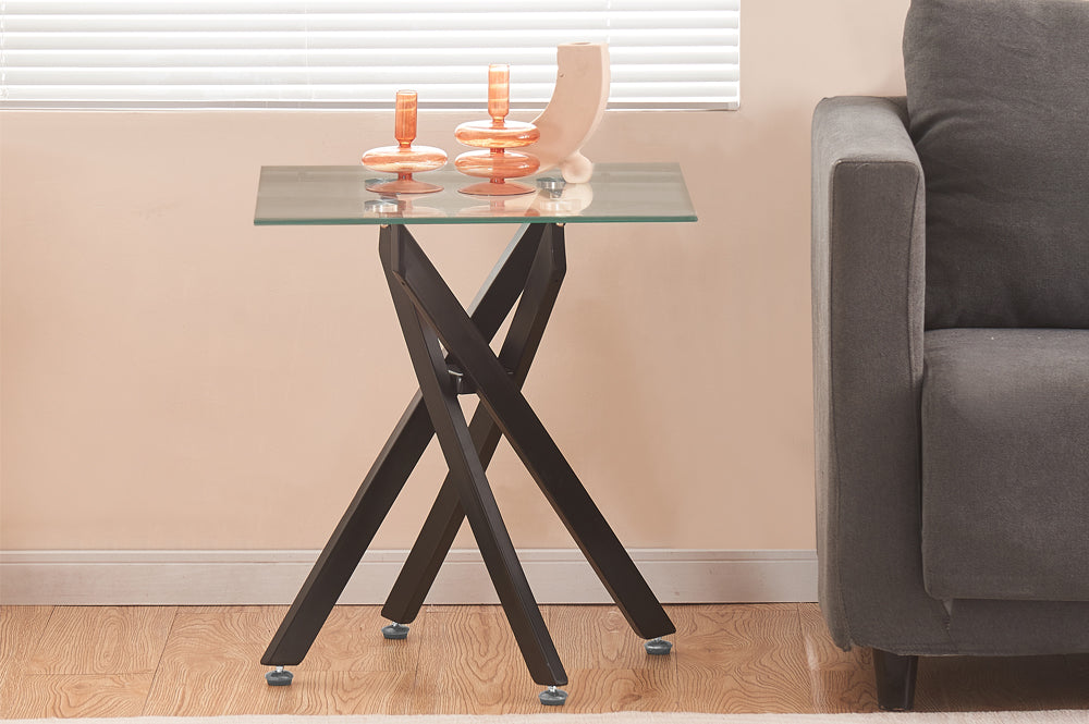 Modern Glass Coffee Table & End Table Set – Cross Metal Base-T5006