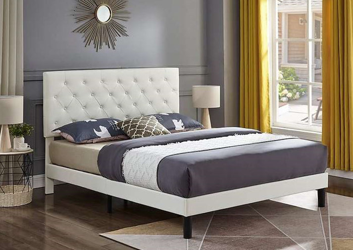 White PU Queen Bed with Button Tufting-I5382