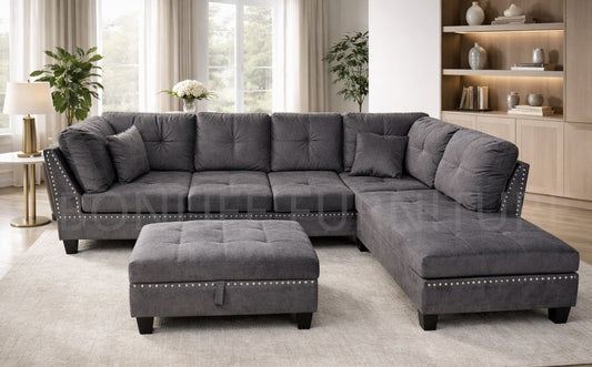 Velvet Reversible Sectional Sofa with Storage Ottoman -D1013