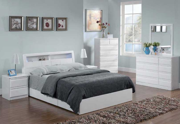 White Piano Lacquer Storage Bed-Kurara