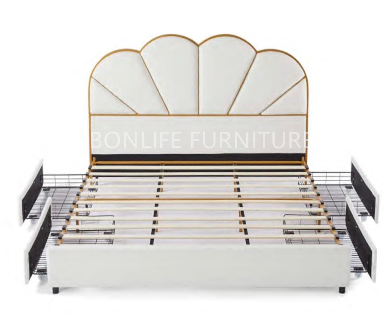 Luxury Cream Upholstered Storage Bed with Gold Trim-ELISA