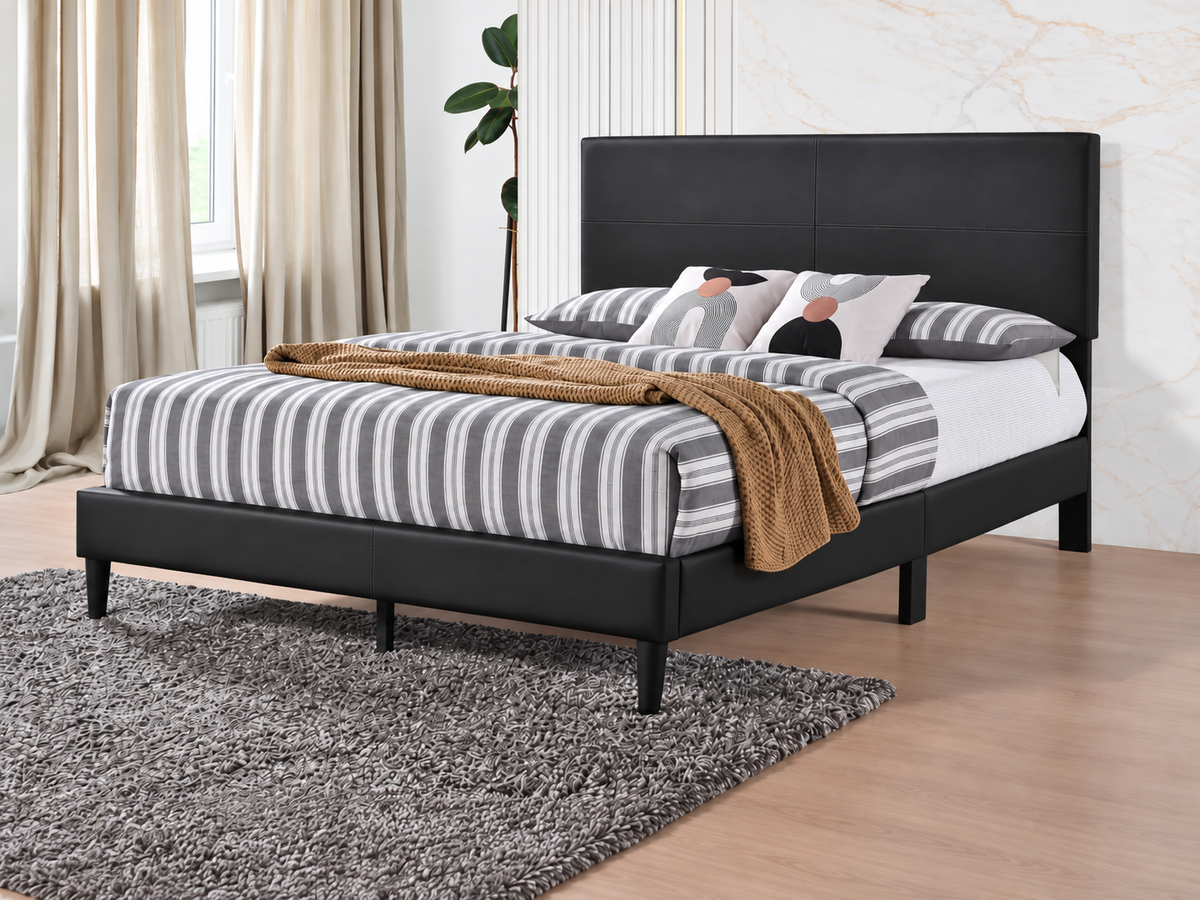 Adjustable Platform Bed with Adjustable Headboard – Black Leatherette or Grey Linen-T2105