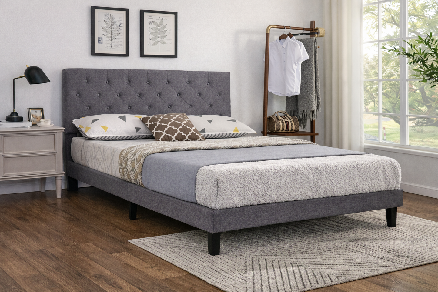 Online Clearance Special-Grey Fabric Upholstered Platform Bed – TC