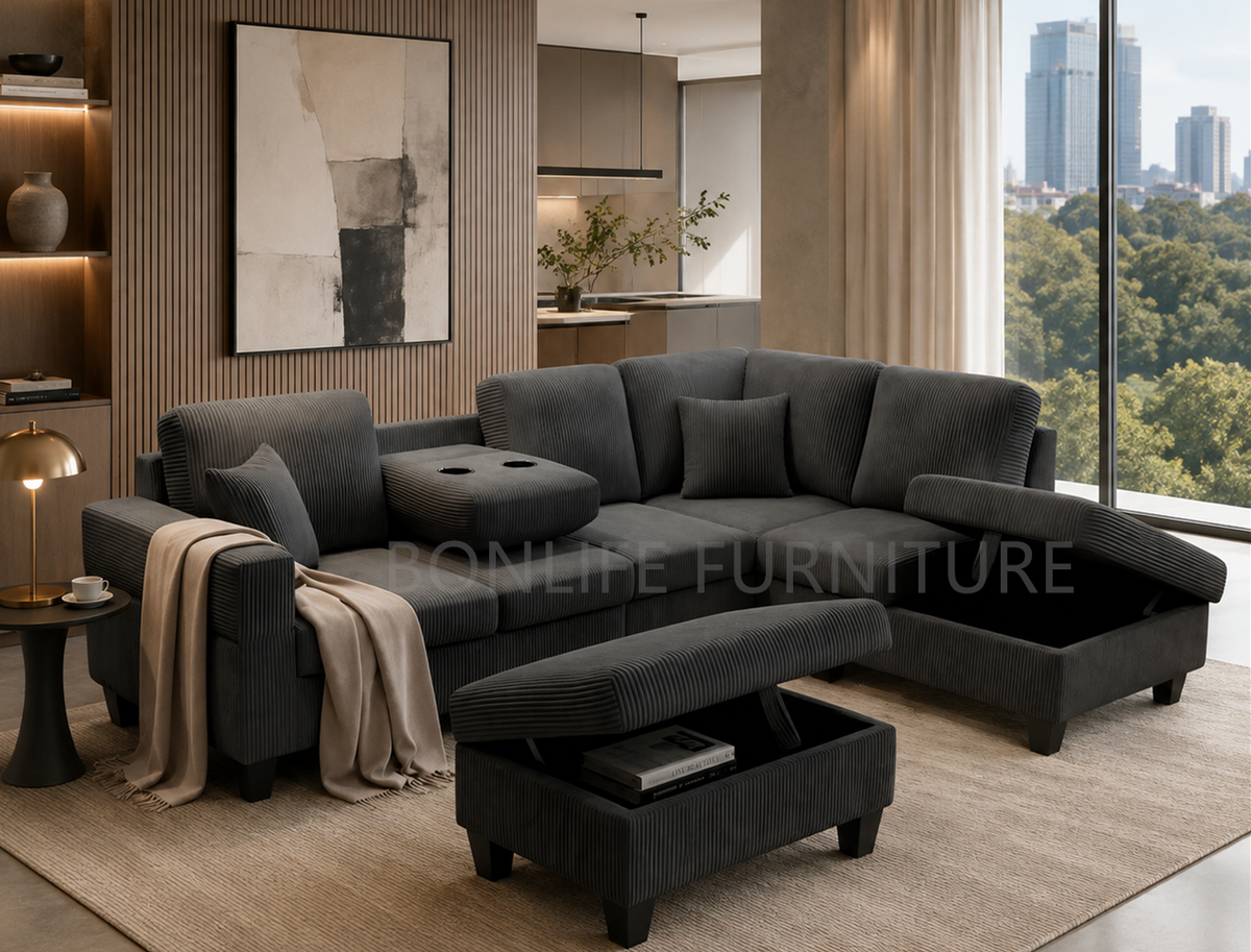 Modern Corduroy Sectional Sofa with Storage Chaise, Storage Ottoman & Drop-Down Cup Holders-D2510