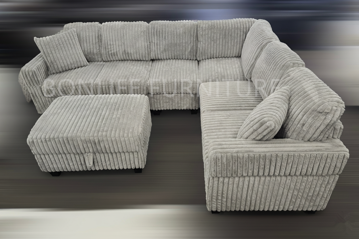Corduroy Fabric Sectional Sofa with Ottoman-GILLIAN