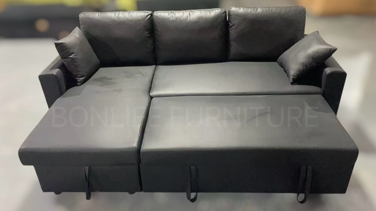 Black Faux Leather Reversible Sectional Sofa Bed with Storage Chaise & Pull-Out Bed-D2601