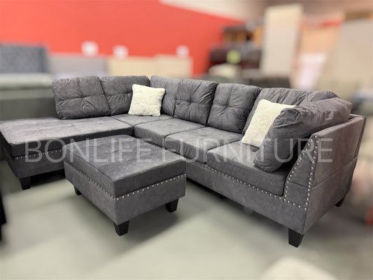 Velvet Reversible Sectional Sofa with Storage Ottoman -D1013