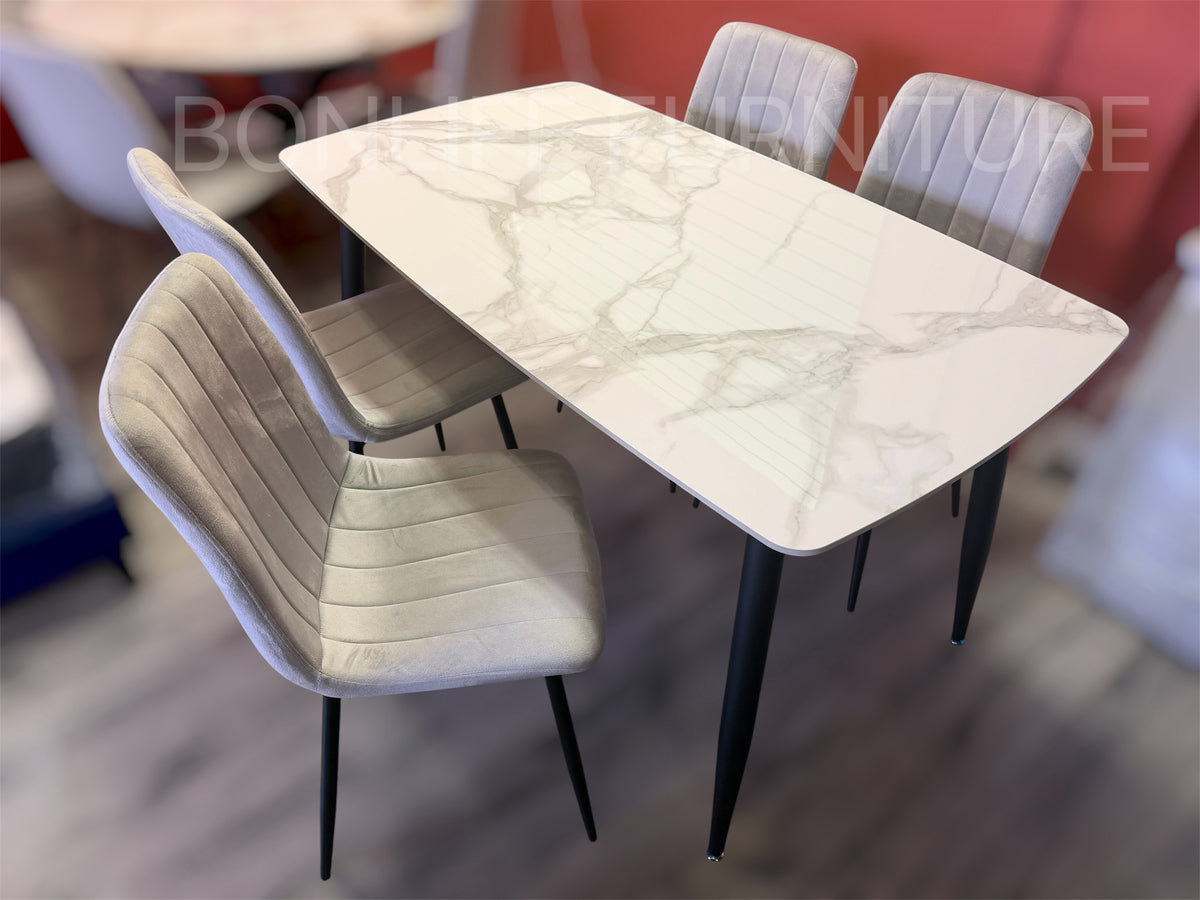 5-Piece Sintered Stone Dining Table Set with 4 Grey Velvet Chairs-S237G