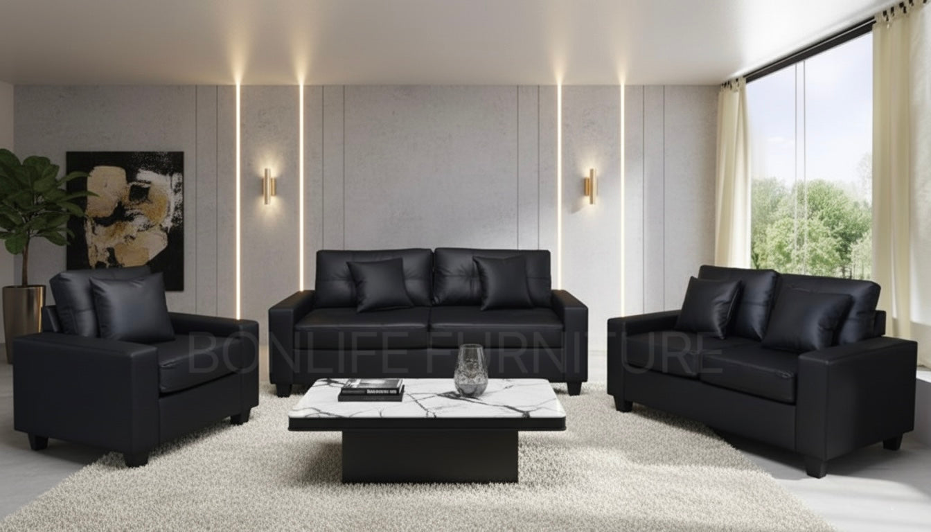 Modern Black PU Leather 3-Piece Sofa Set-WHITNEY