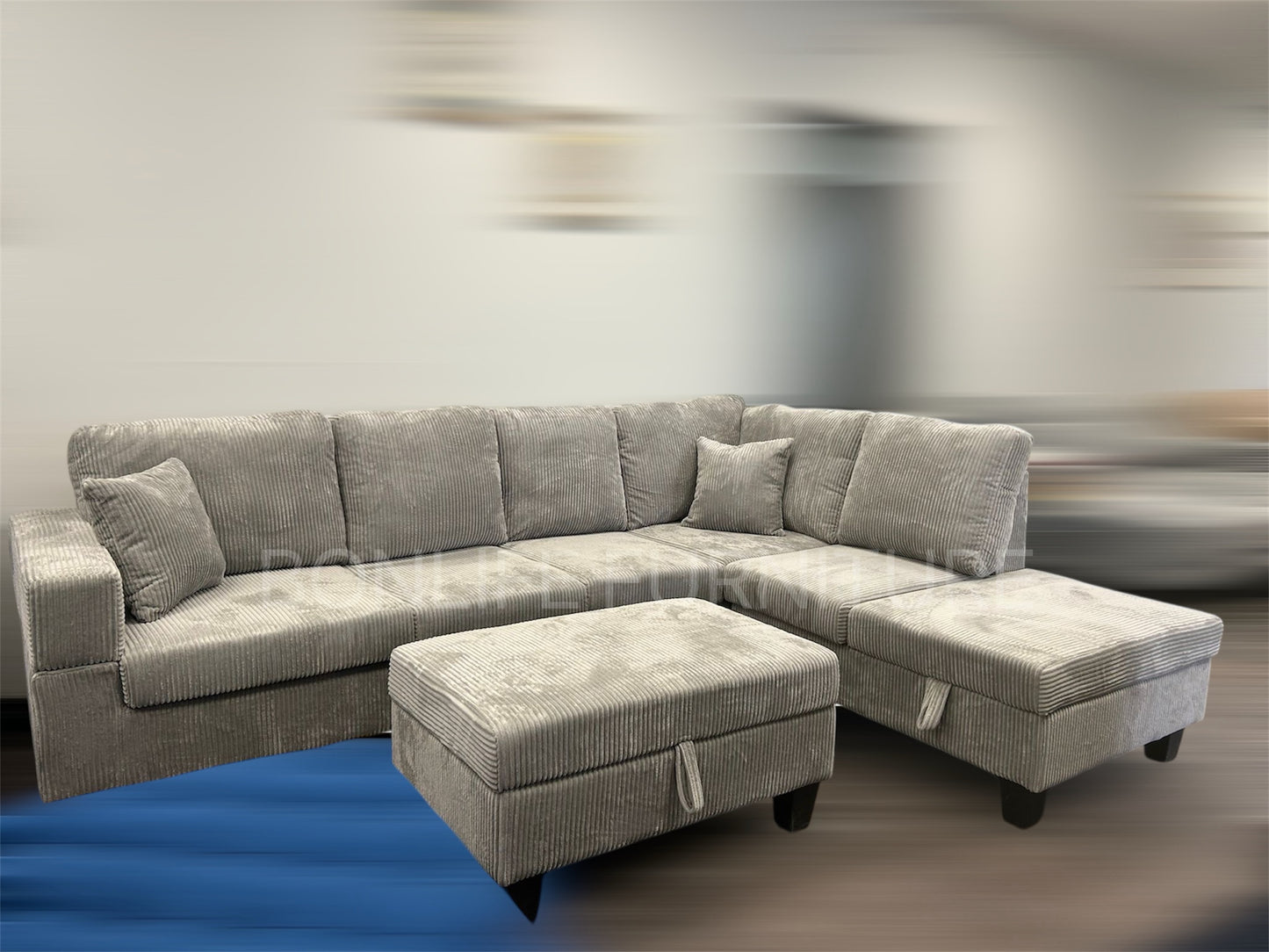Modern Corduroy Sectional Sofa with Storage Chaise, Storage Ottoman & Drop-Down Cup Holders-D2510