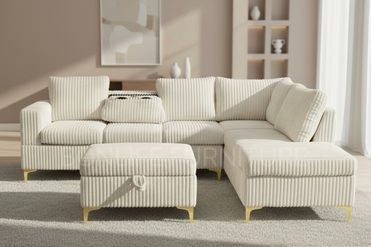 Modern Corduroy Reversible Sectional Sofa with Storage Ottoman & Cup Tray-G106