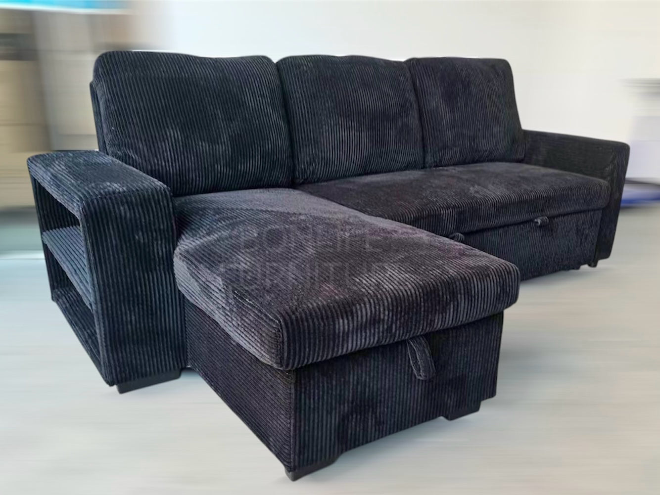 Corduroy Sectional Sofa Bed with Storage, USB & Tray – Reversible-SHELF