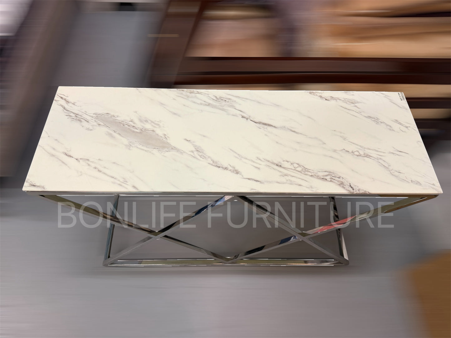 Modern White Marble Glass Sofa Table with Chrome Geometric Base-I2363