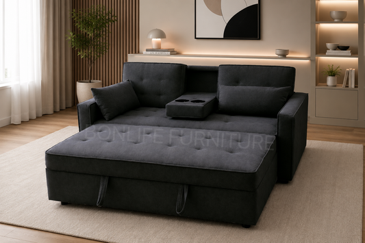 3-in-1 Fabric Pull-Out Sleeper Sofa Bed with Adjustable Backrests & Cup Holders