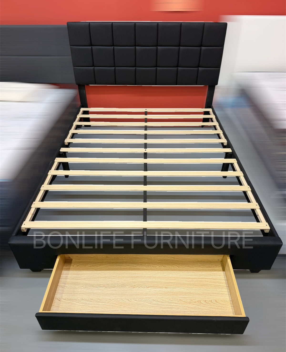 Black PU Storage Platform Bed with Drawer – Modern Upholstered Bed Frame-I5490
