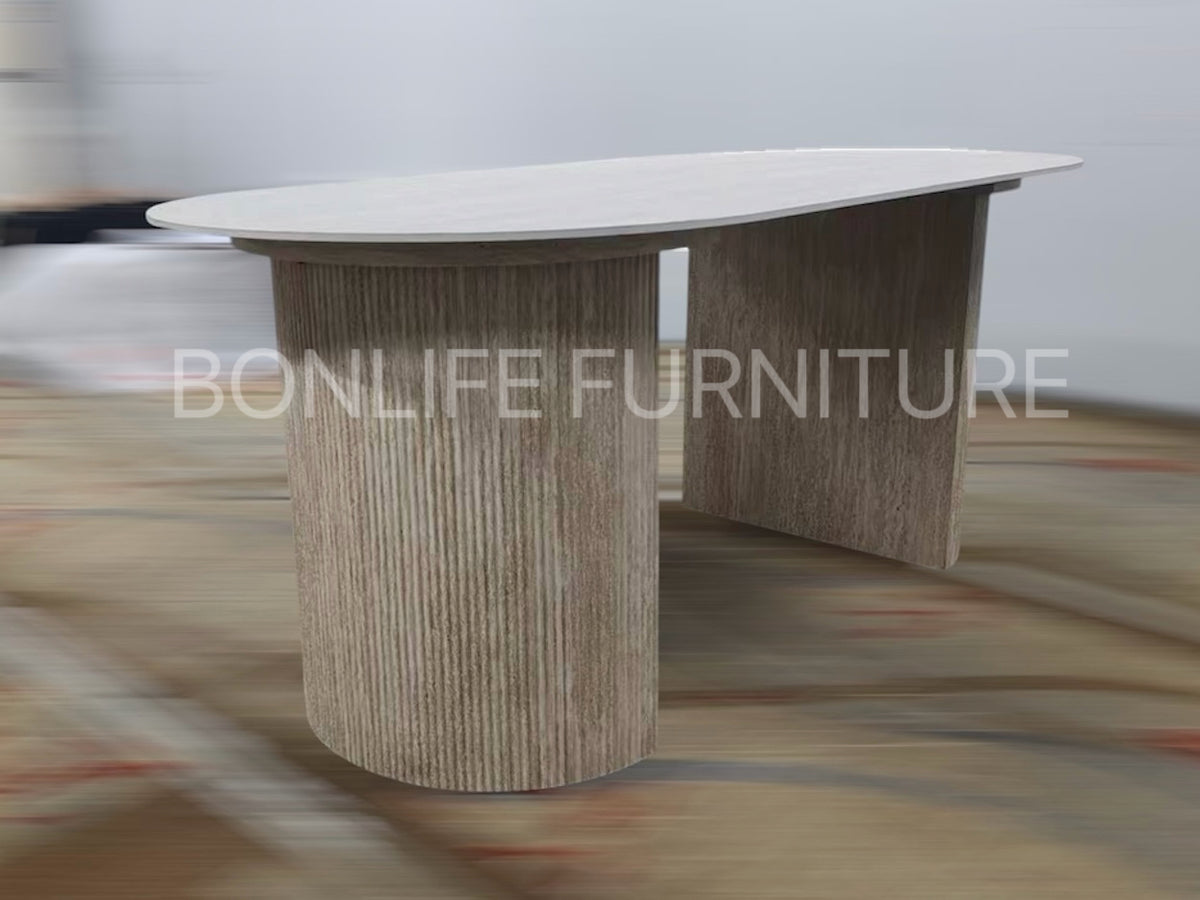 71" Oval Travertine Dining Table Set with 6 Cream Upholstered Chairs-I1641