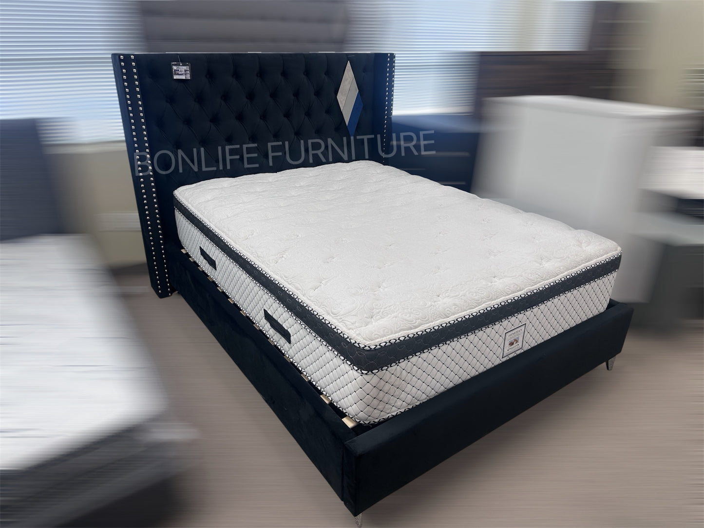 Velvet Wingback Platform Bed with Deep Button Tufted Headboard & Chrome Legs-T2380