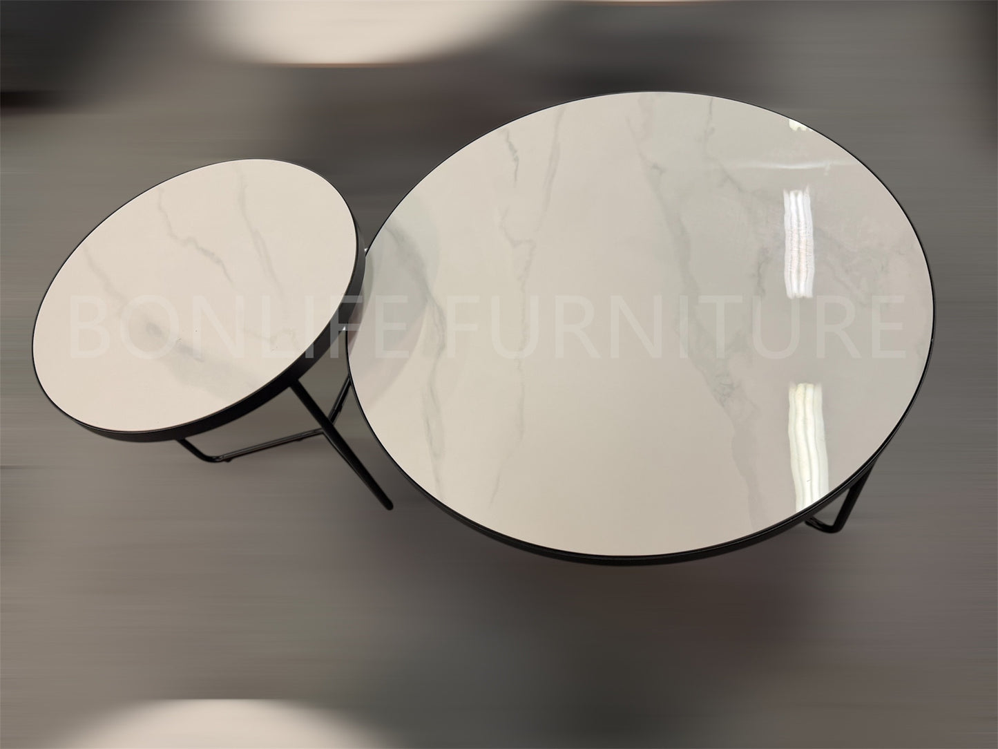 Set of 2 Round Coffee Tables – White Sintered Stone & Black Steel-I2620