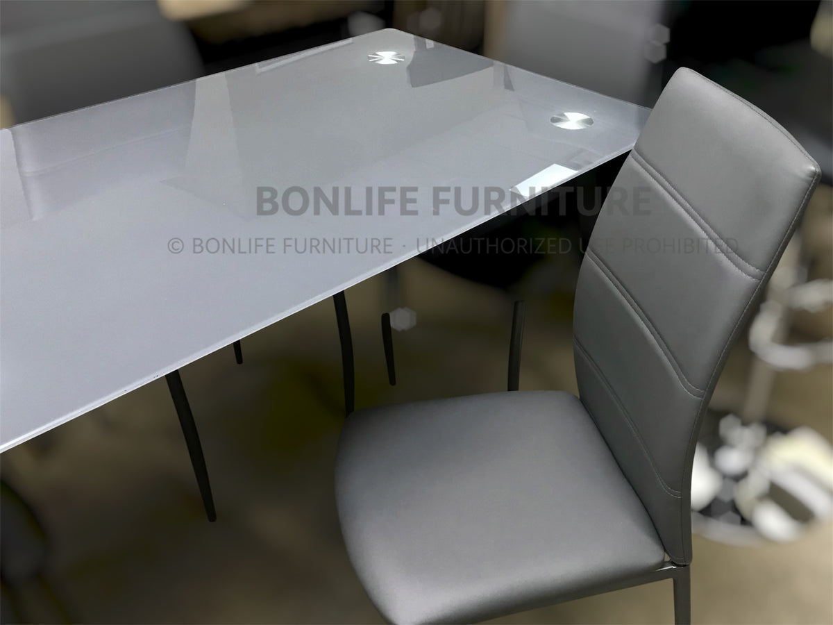 Modern 5-Piece Grey Frosted Glass Dining Set with 4 Leatherette Chairs – T3600