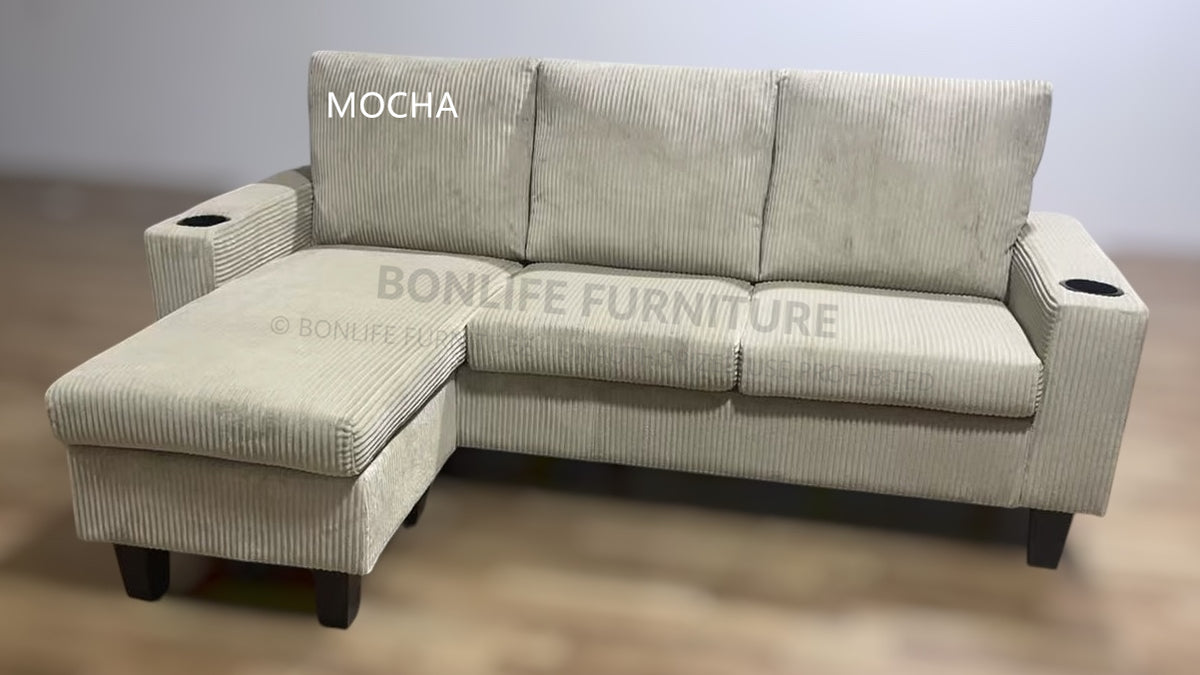 Compact Reversible Corduroy Sectional Sofa with Cup Holders-D2602