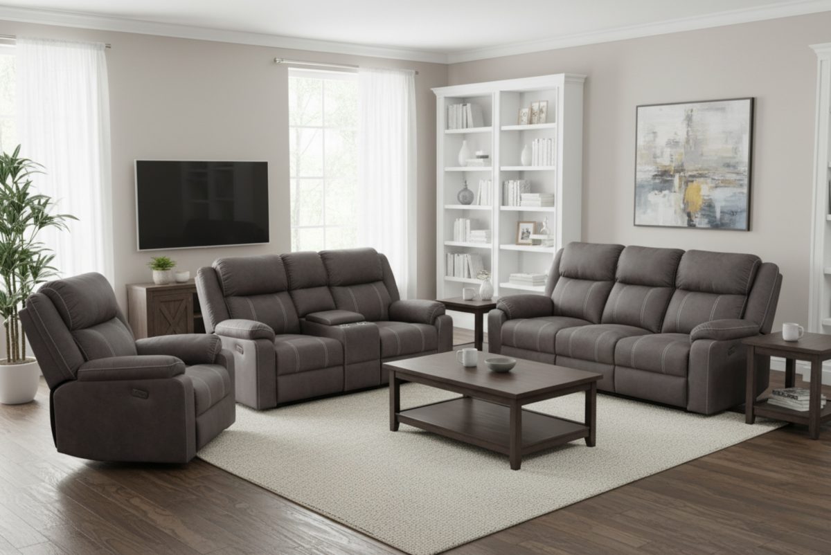 Power Reclining Sofa, Loveseat & Chair – Charcoal Fabric-T1330