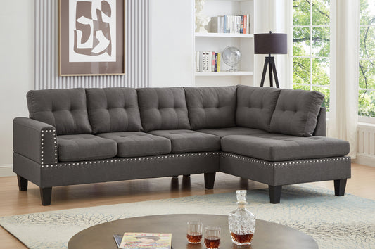 Modern Linen Right-Facing Sectional Sofa with Tufted Back & Nailhead Trim -T1234
