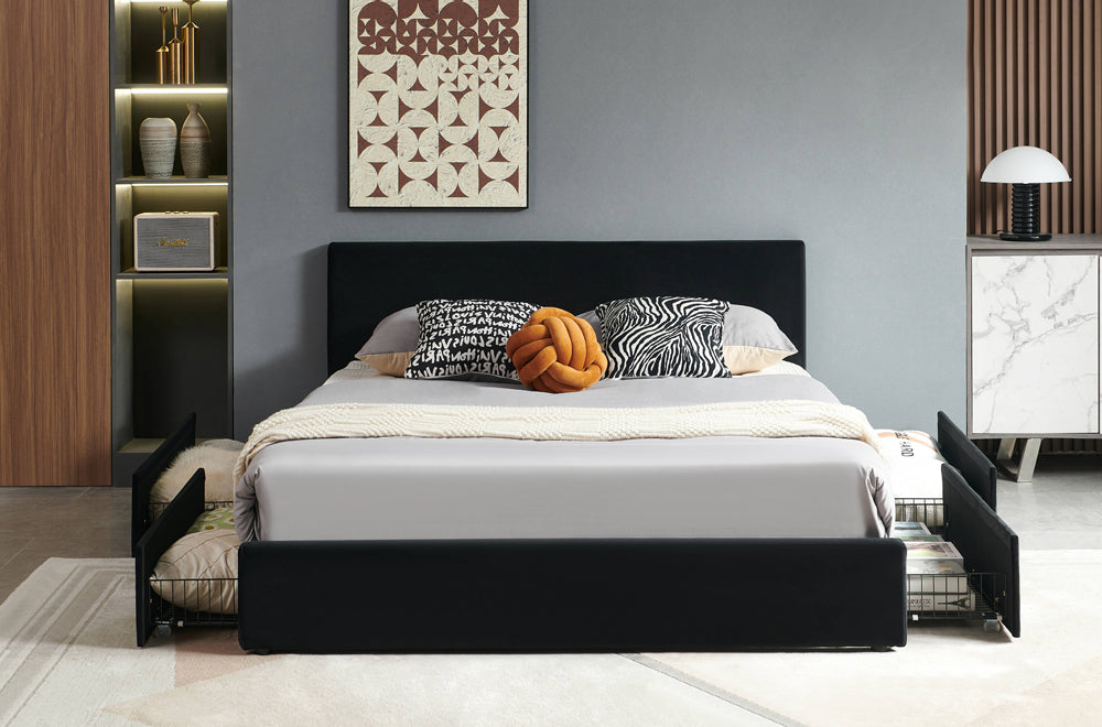 Modern Velvet Storage Platform Bed with 4 Side Drawers-T2128