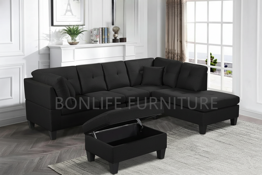 Modern Fabric Sectional Sofa with Reversible Chaise & Storage Ottoman-D1012