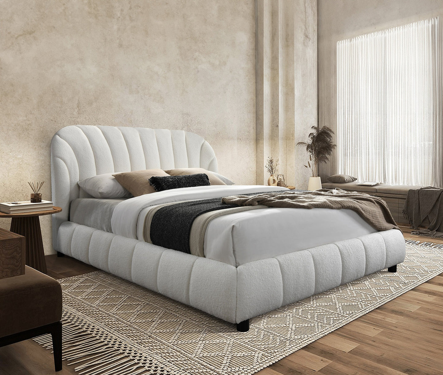 Cream Bouclé Arched Platform Bed with Vertical Channel Tufting-I5925