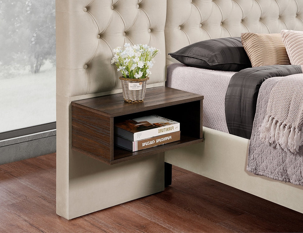 Beige Velvet Platform Bed with 2 Floating Nightstands -I5565