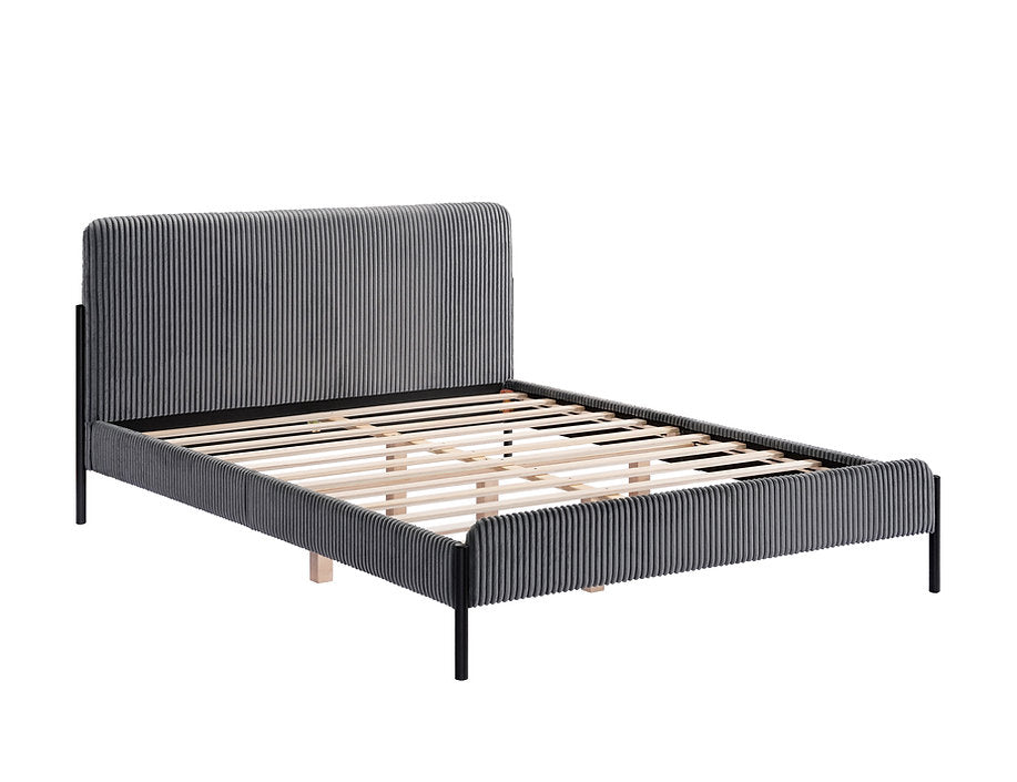 Grey Corduroy Channel-Tufted Platform Bed-I5587