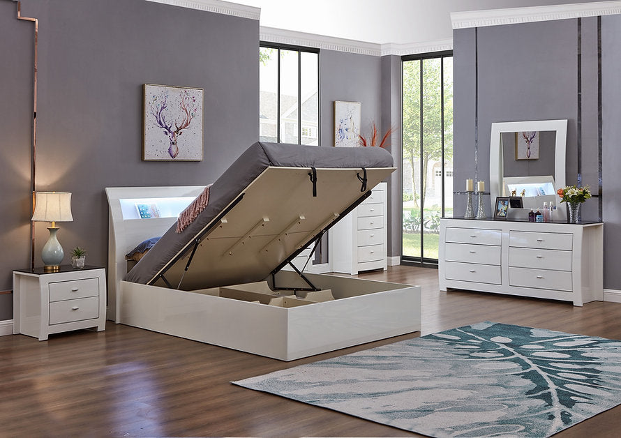 White High Gloss Storage Bed & Matching Case Goods