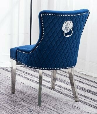 Set of 2 Velvet Dining Chairs with Chrome Lion Knocker-I1252