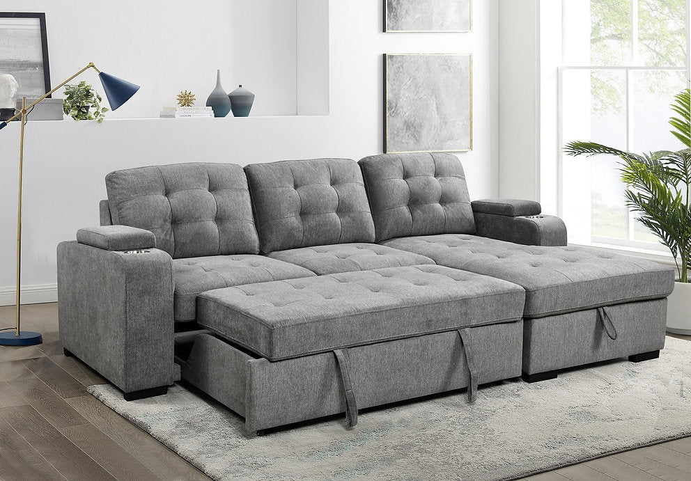 Pull-Out Sofa Bed Sectional with Storage Chaise & Cup Holders-I9050(1)