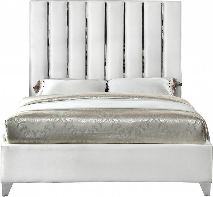 Velvet White Bed with Chrome Channel Tufted Headboard – I5622
