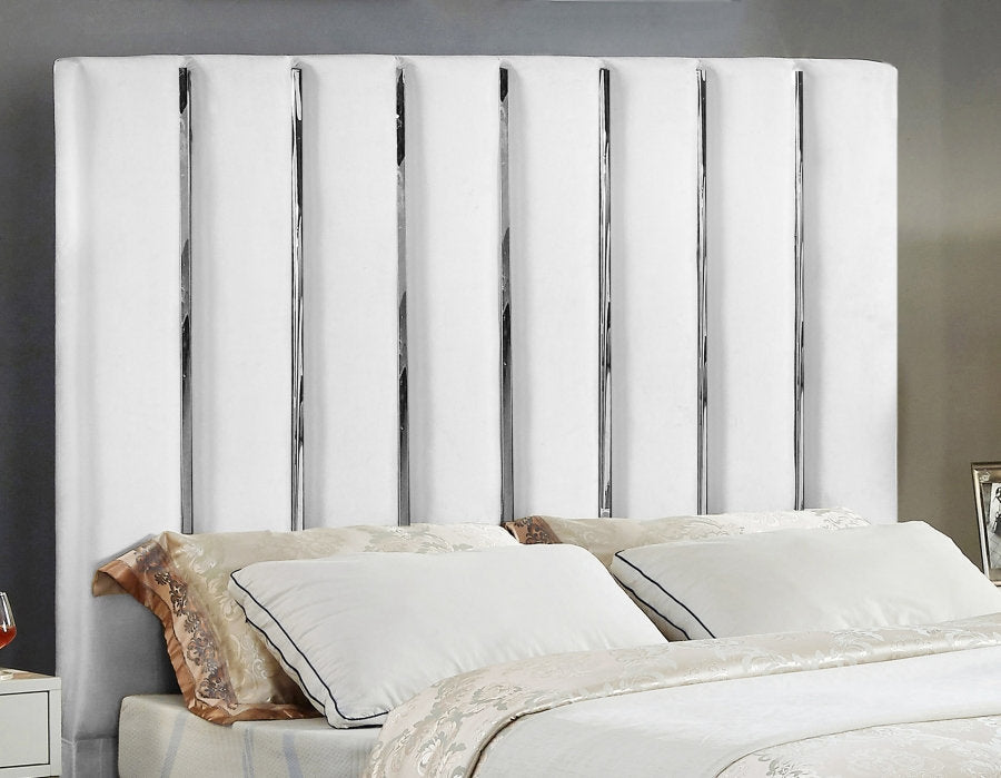 Velvet White Bed with Chrome Channel Tufted Headboard – I5622