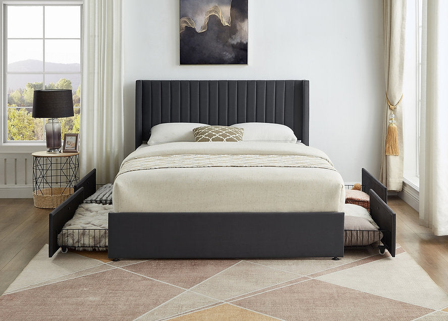 Grey Velvet Wingback Storage Bed-I5408