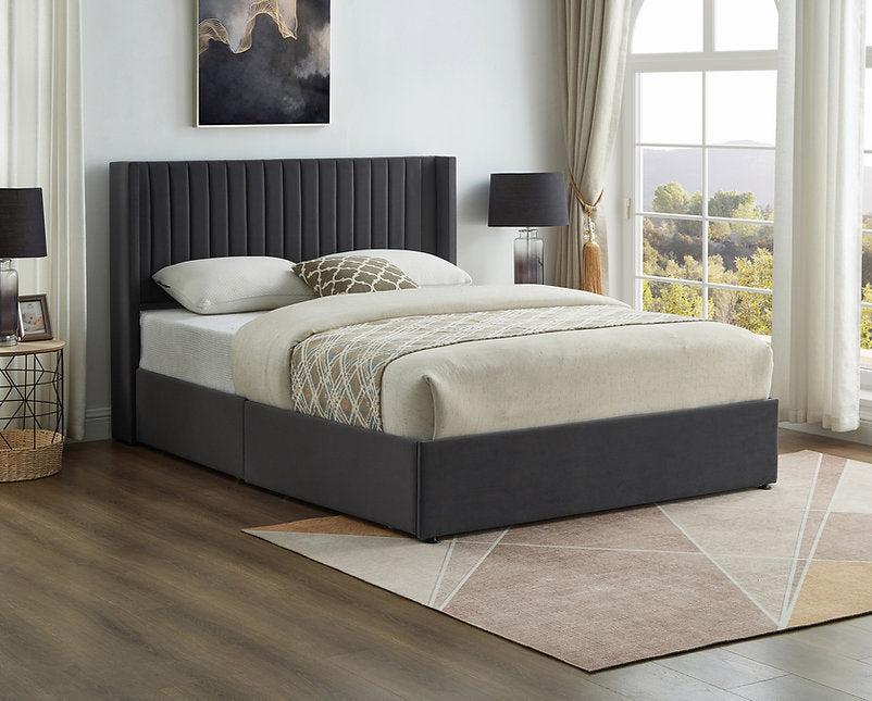 Grey Velvet Wingback Storage Bed-I5408