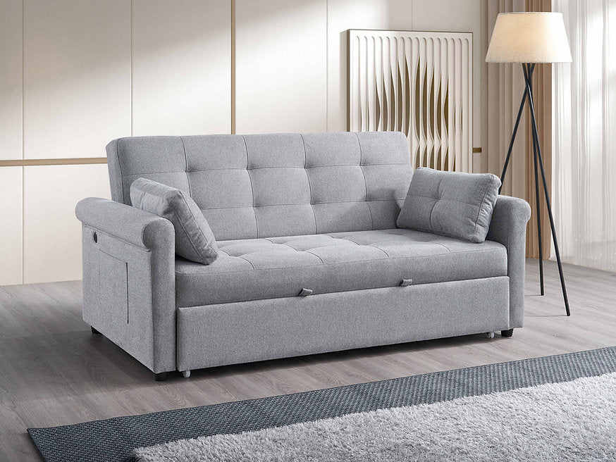 Convertible Grey Fabric Sofa Bed (70Inch) with USB Charging & Storage – I9046