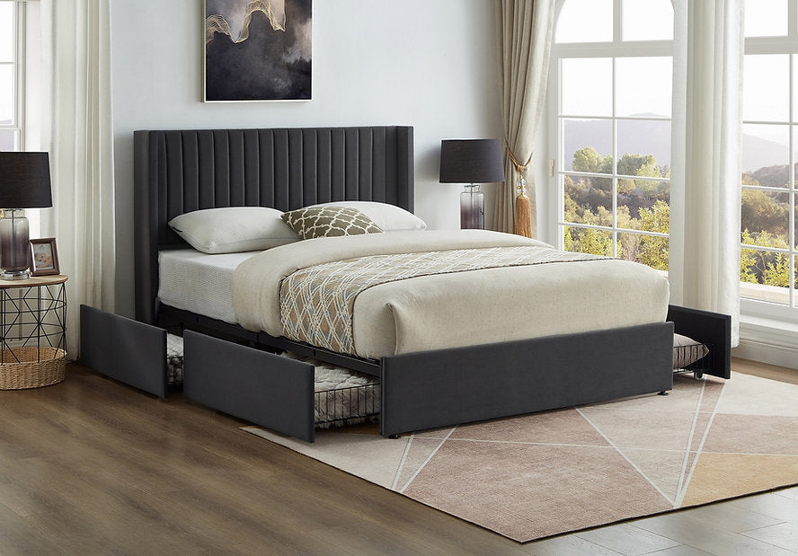 Grey Velvet Wingback Storage Bed-I5408