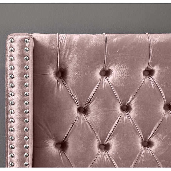 Contemporary Velvet Wingback Platform Bed – Dusty Pink-I5895