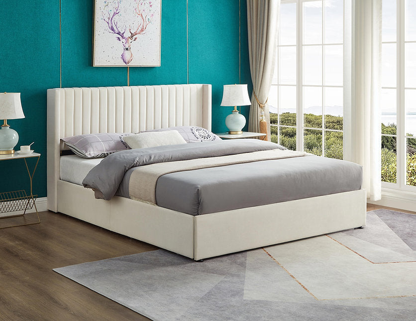 Cream Velvet Wingback Storage Bed-I5407