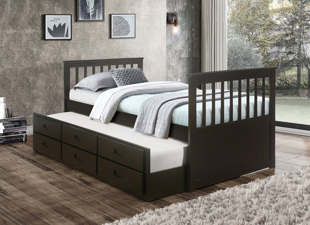 Single Captain Bed with Pull-Out Trundle & 3 Storage Drawers-I314