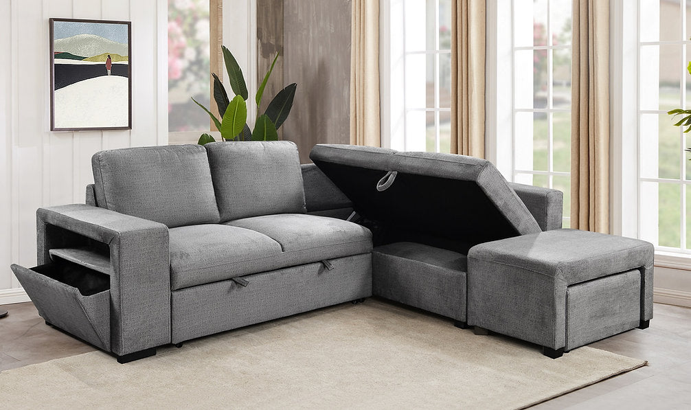 Modern Grey RHF Sofa Bed Sectional with Storage & Ottoman-I9035