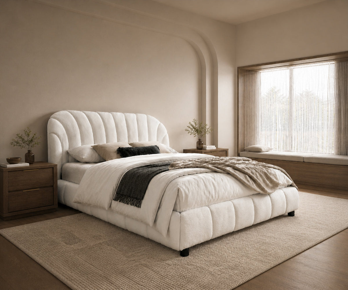 Cream Bouclé Platform Bed with Arched Channel Tufted Headboard |I5925
