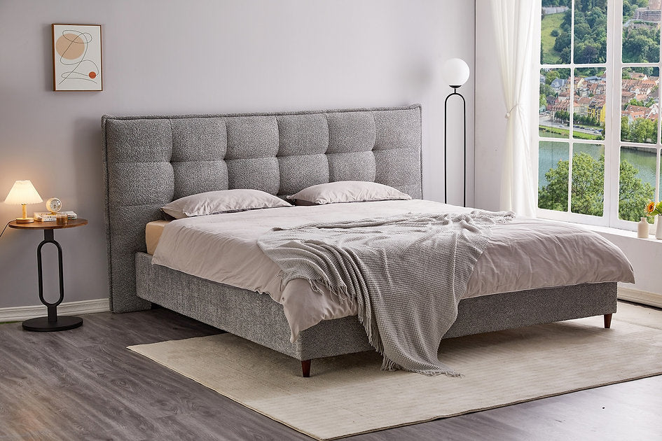 Soft Grey Boucle Platform Bed -I5940